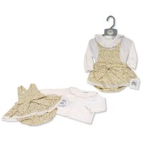 BIS-2020-2581: Baby Girls 2 Pieces Dungaree Skirt Set with Lace and Bows (NB-9 Months)